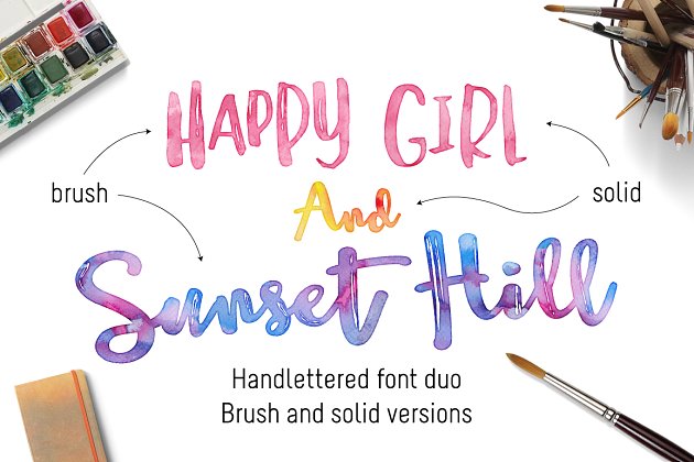 漂亮的手绘字体 Sunset Hill Brush Font Bundle