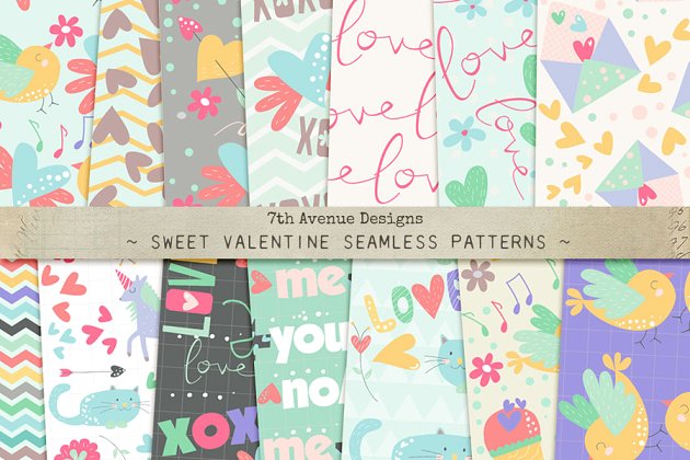 甜美的情人节无缝背景纹理 Sweet Valentine Seamless Patterns