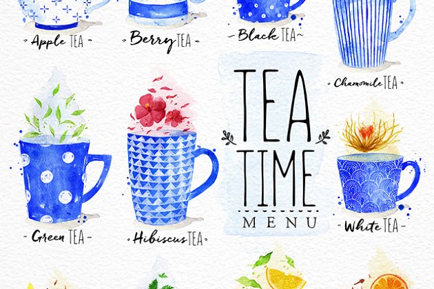 水彩茶杯饮料素材 Watercolor Tea Menu
