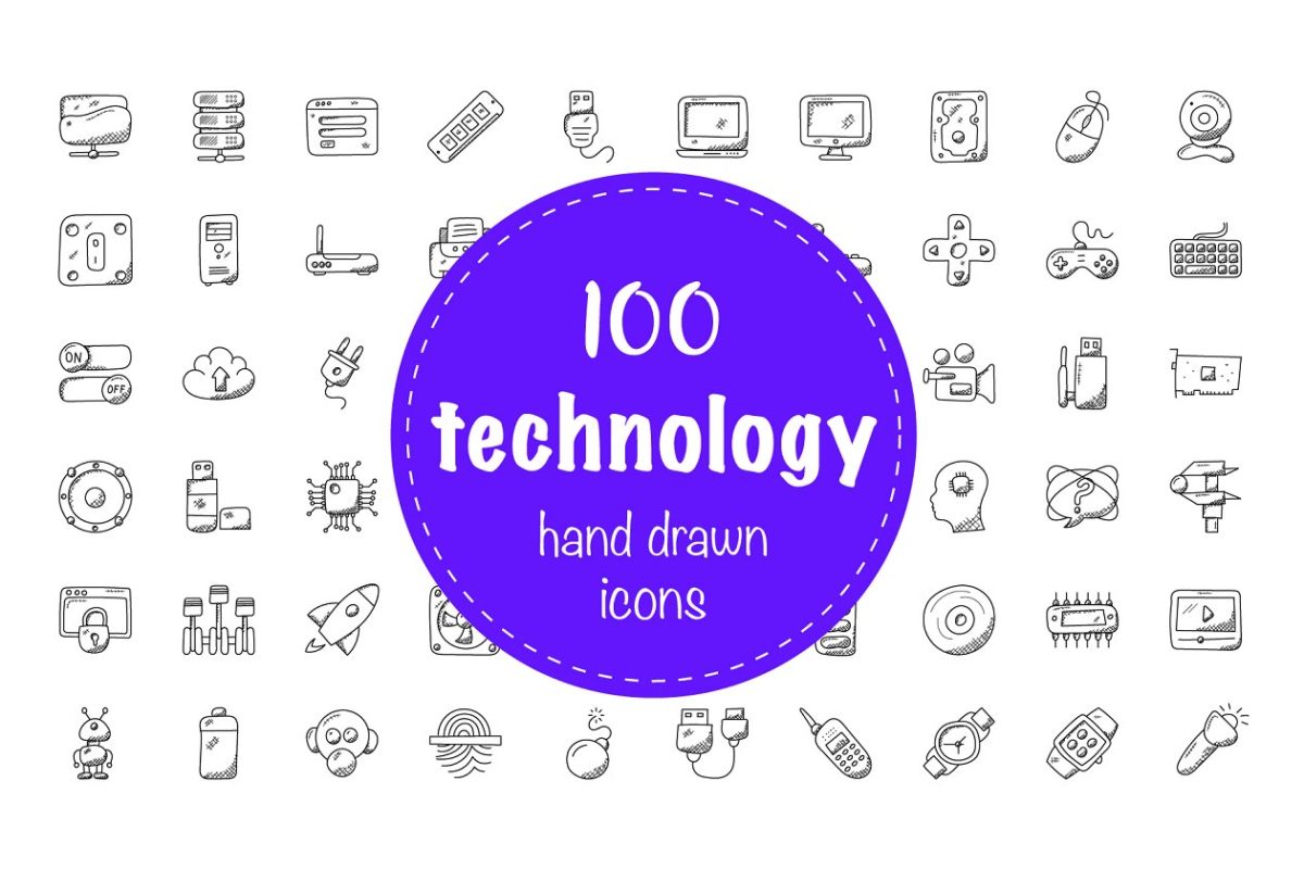 100个技术相关手绘图标 100 Technology Doodle Icons