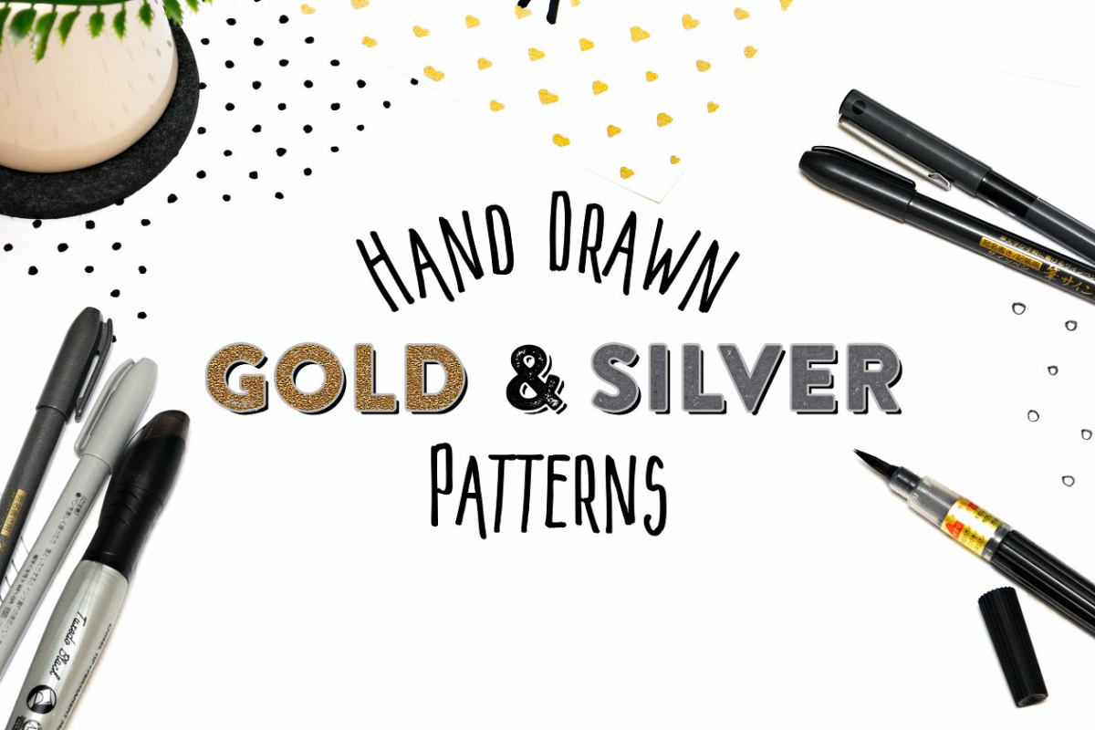 12手绘金色和银色背景纹理素材 15 Hand Drawn Gold & Silver Patterns