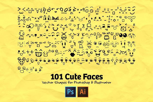 101个手绘可爱脸五官素材 101 Hand Drawn Cute Faces