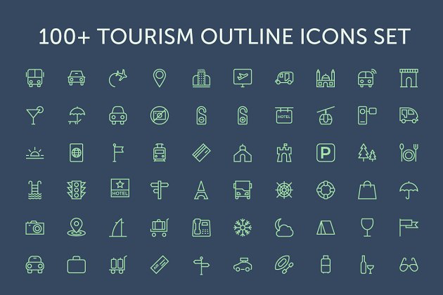 100+旅行图标 100+ Tourism Outline Icons Set