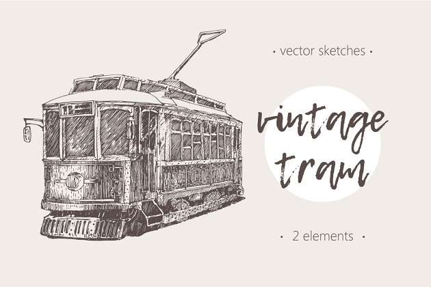 复古素描火车素材 Two illustrations of vintage trams
