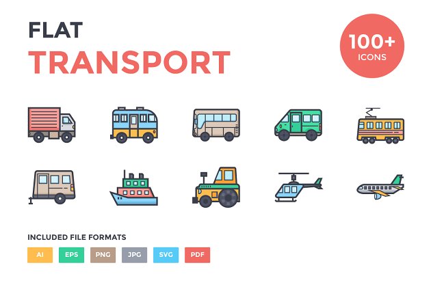 100个扁平化的交通工具图标 100+ Flat Transport Icons Set