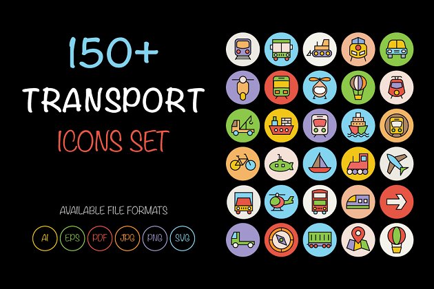 卡通交通矢量图标素材 150+ Transport Icons Set