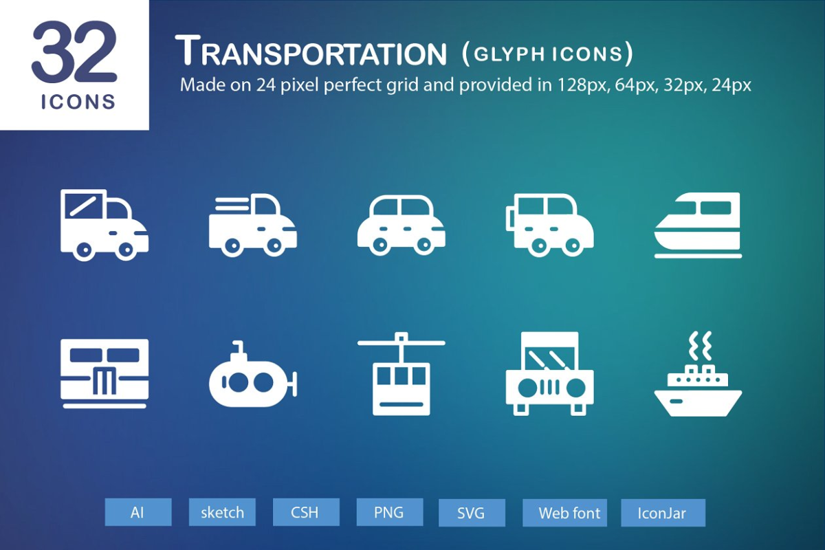 交通app图标素材 32 Transportation Glyph Icons