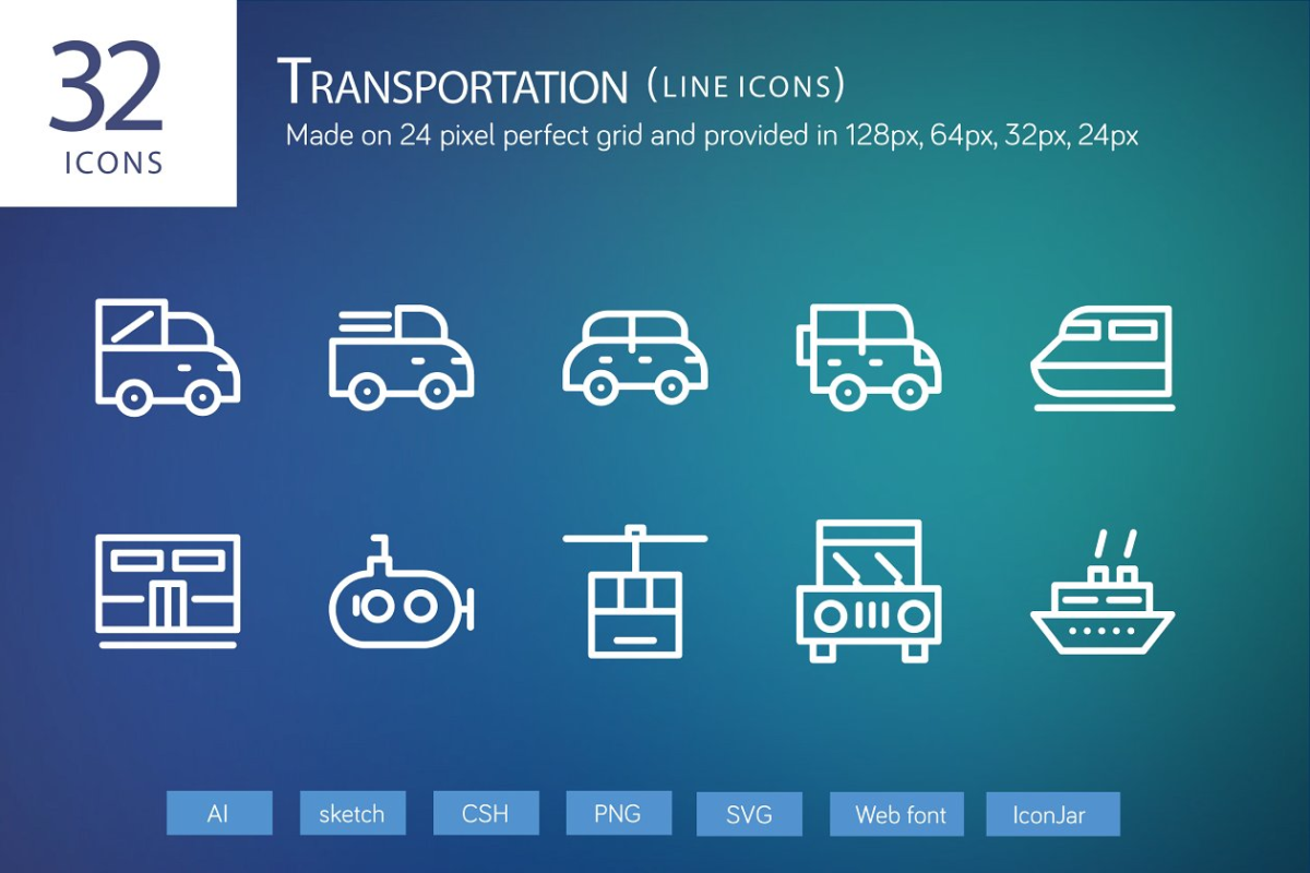 运输工具图标素材 32 Transportation Line Icons