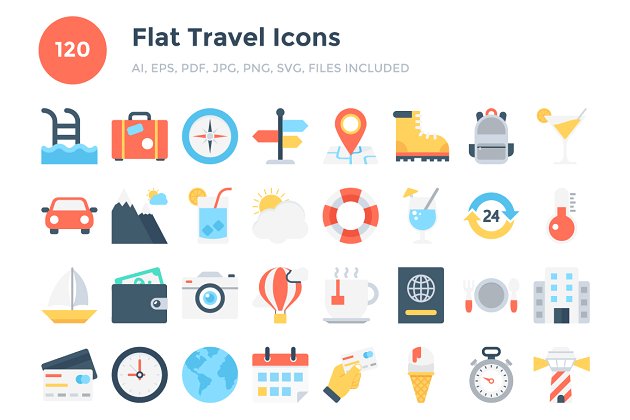 旅游矢量图标 120 Flat Travel Icons