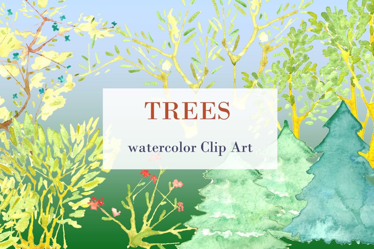 水彩树木剪贴画 Trees watercolor Clipart