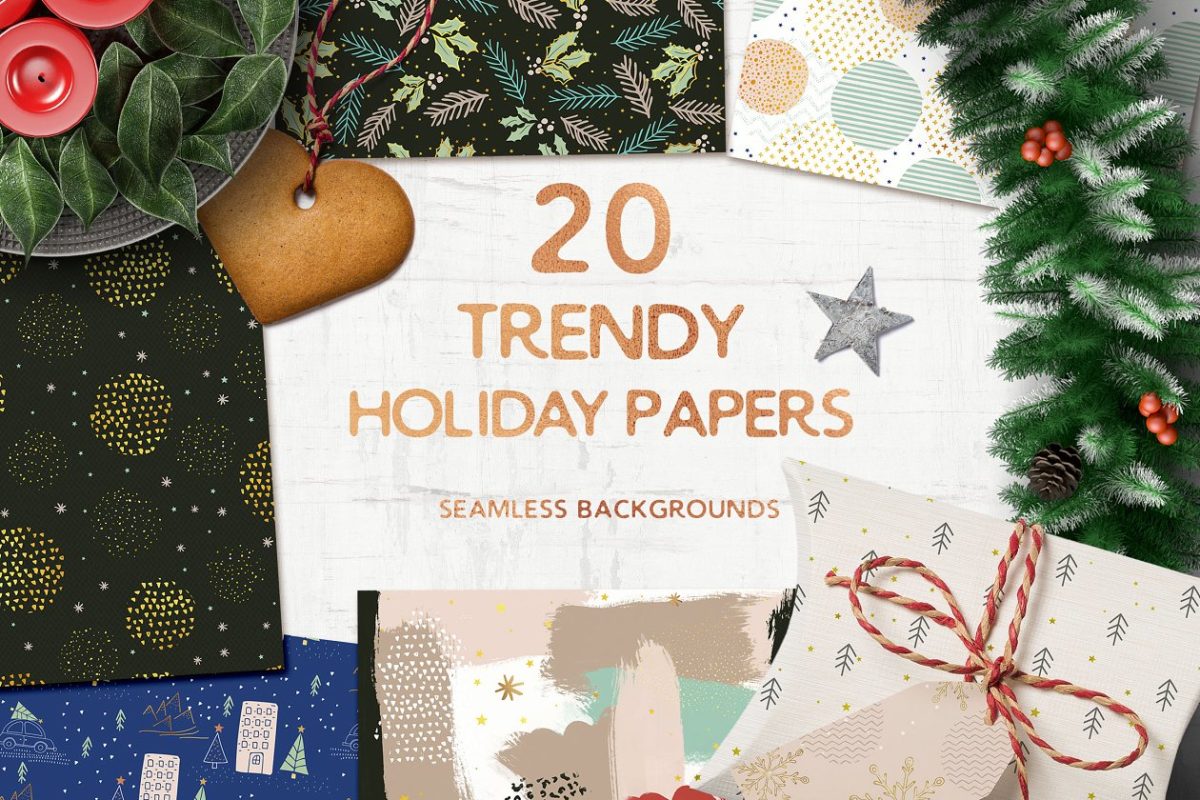 圣诞节相关的礼品包装纸无缝背景纹理素材 Trendy Seamless Holiday Papers
