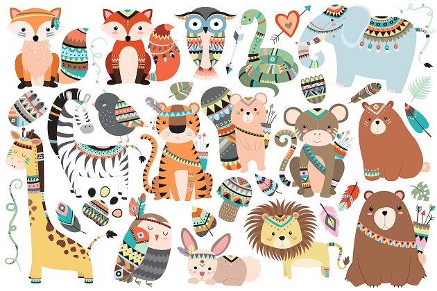 部落风格的卡通森林动物素材合集 Tribal Animals 35 pc Clipart Set