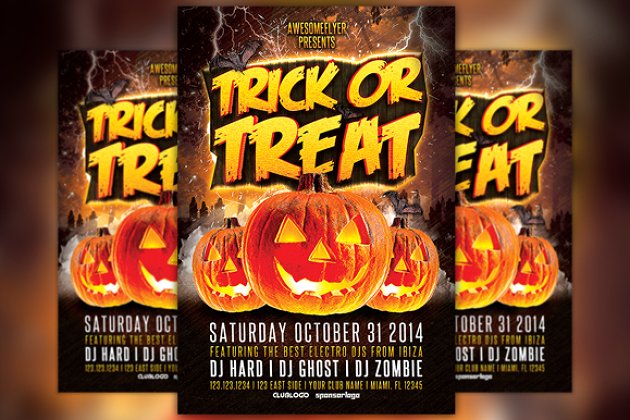 万圣节派对传单设计 Trick or Treat Halloween Party Flyer