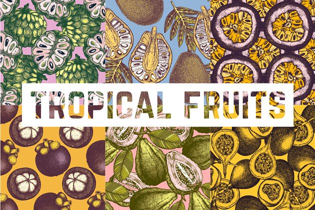 典型的热带水果植物背景纹理图案 Tropical Fruits & Plants Patterns