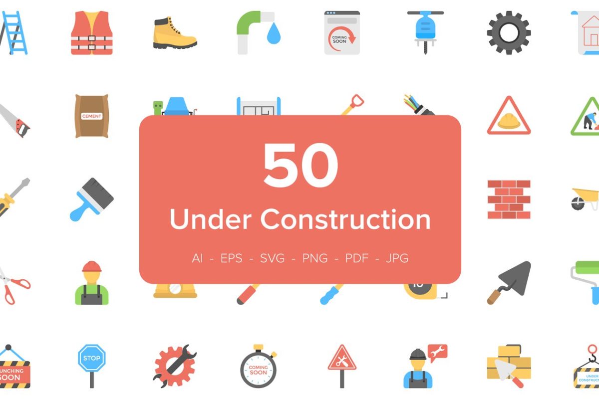 50个建筑工人图标 50 Under Construction Flat Icons