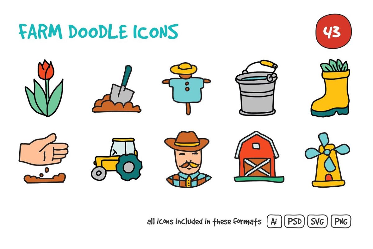 农场涂鸦图标素材集 Farm Doodle Icons Set