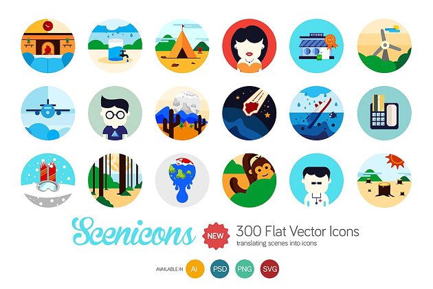 度假风景场景的扁平化彩色图标套装 Scenicons Flat icons – 300 icons