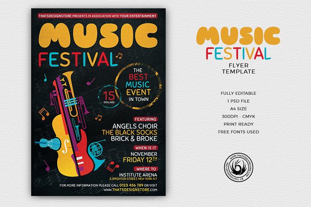 特色音乐节海报模版 Music Festival Flyer PSD V10