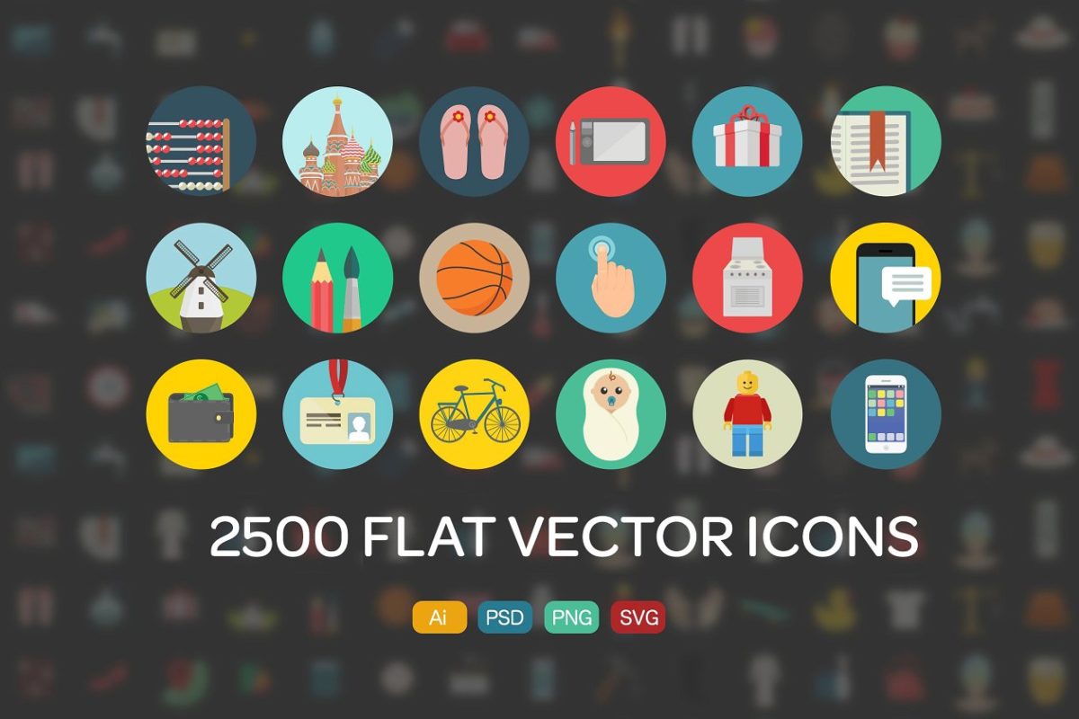 2500个扁平化图标素材 2500 Flat Icons Ai | PSD | SVG |PNG