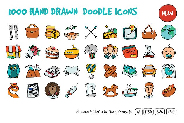 1000个手绘涂鸦图标模版 1000 Hand Drawn Doodle Icons