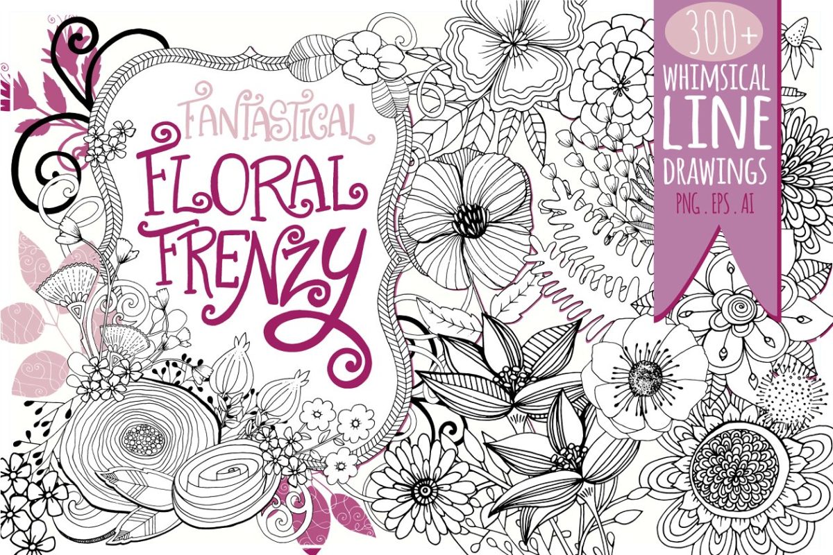 花卉艺术线条及花环素材 Flower Line Art & Floral Wreaths