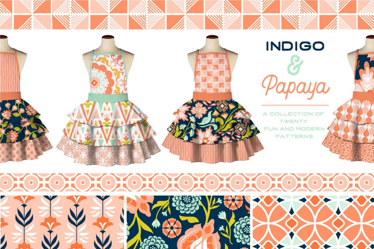 靛蓝番木瓜现代设计图案 Indigo and Papaya Modern Patterns
