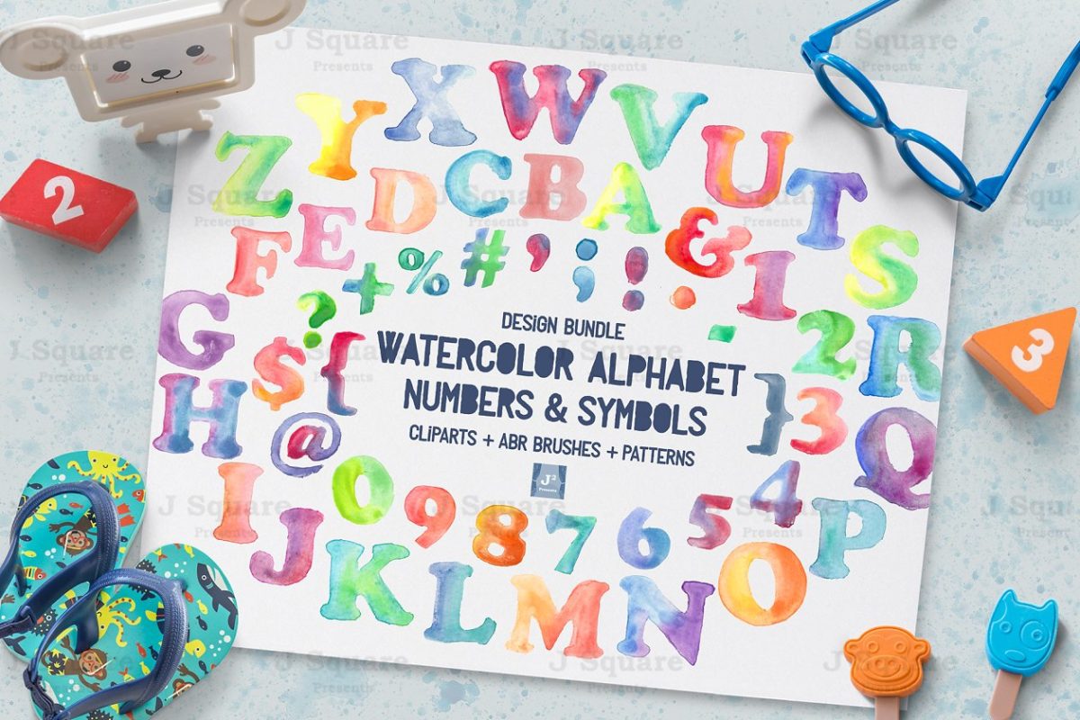 水彩字母数字素材 Watercolor Alphabet & Number Bundle