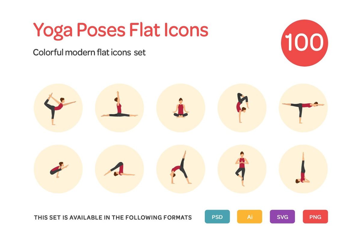 瑜伽动作相关的主题图标 Yoga Poses Flat Icons Set