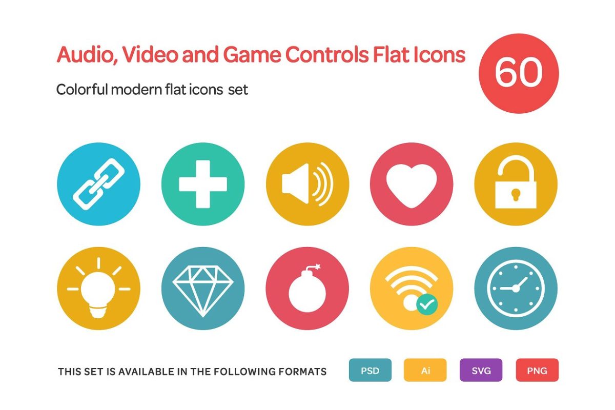 音频、视频和有戏操作相关的扁平化图标 Audio, Video and Game Controls Flat