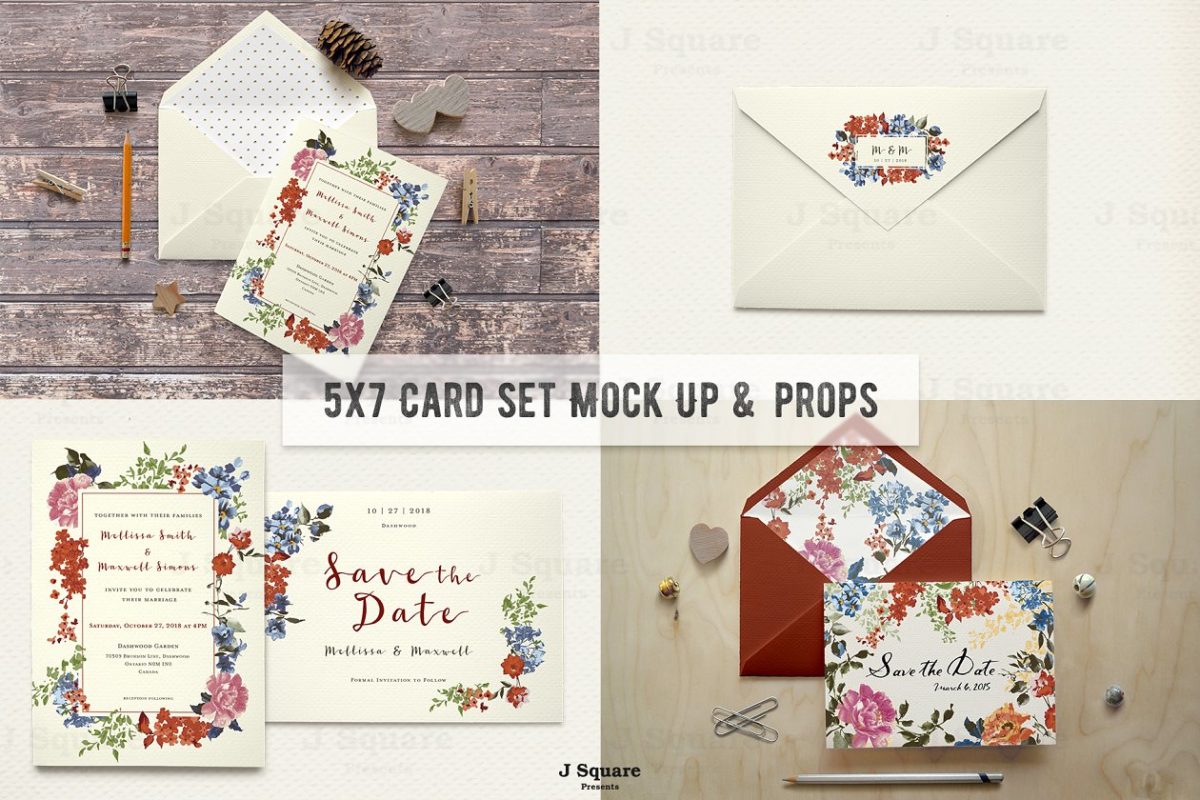 原始风格的花卉卡片设计模板 Organic-Styled 5×7 Card Set Mock Ups