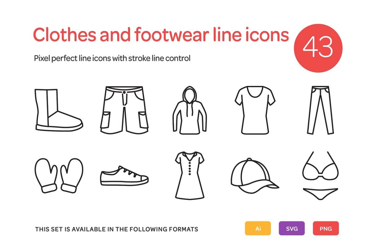 服装类线型图标套装 Clothes and Footwear Line Icons Set