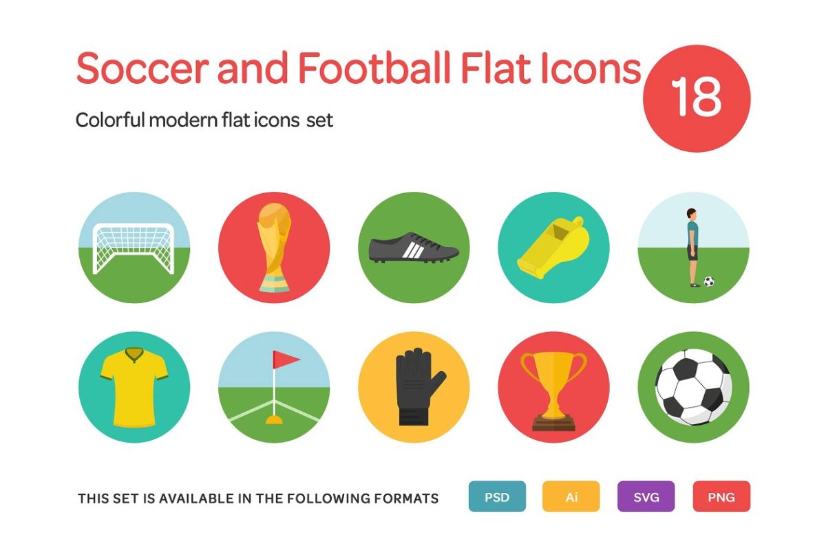 足球相关的扁平化图标 Soccer and Football Flat Icons Set