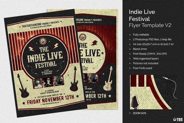 怀旧个性的音乐会海报模版 Indie Live Festival Flyer PSD V2