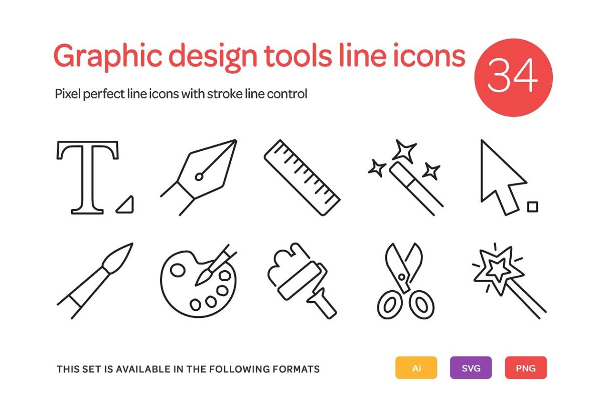 平面设计工具线图标集 Graphic Design Tools Line Icons Set