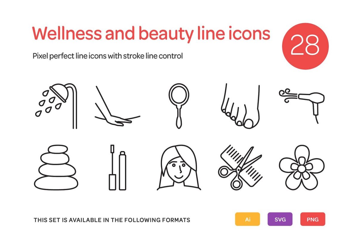 健康和美容系列的图标 Wellness and Beauty Line Icons Set