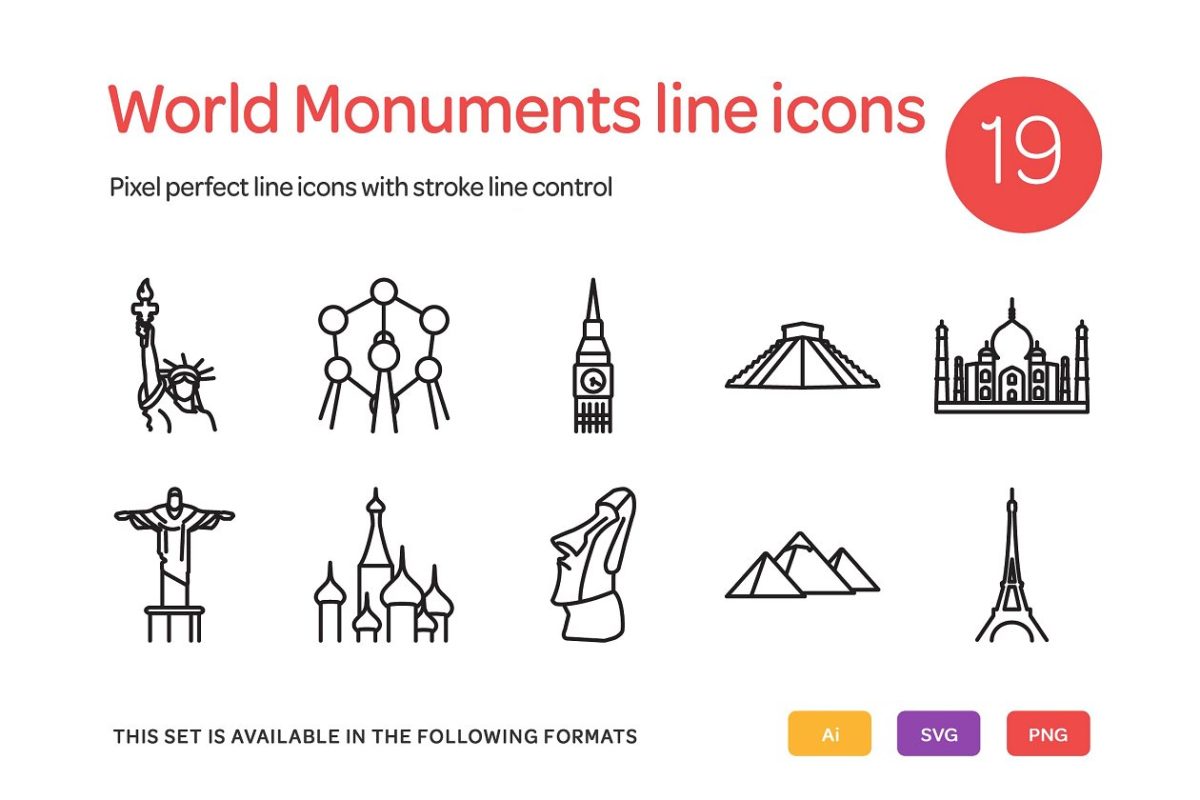 世界纪念碑线型图标集 World Monuments Line Icons Set