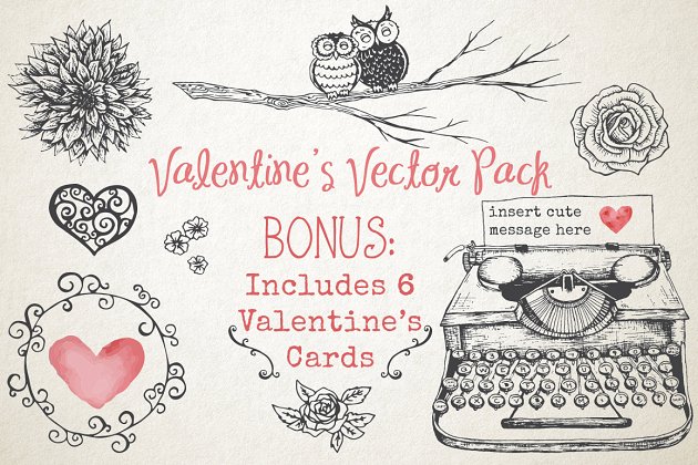 怀旧情人节手绘素材包 Valentine’s Vector Pack
