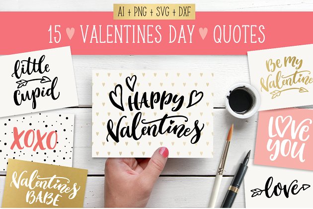 情人节简约手绘图形素材 Quotes SVG bundle Valentines Day