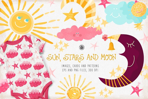太阳星星和月亮主题的插画图形素材 Sun, Stars and Moon