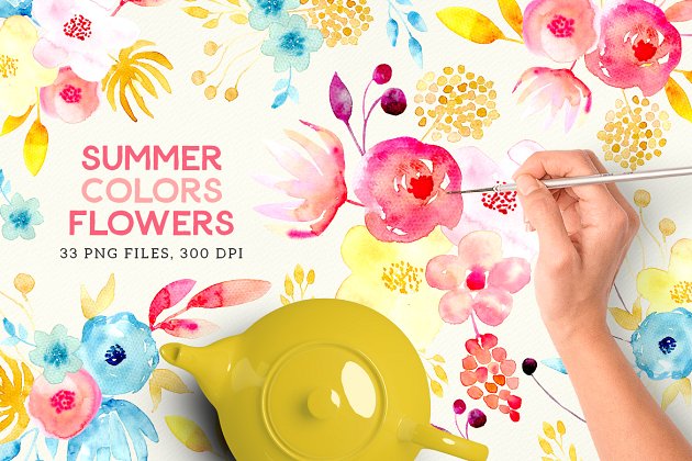 夏季彩色水彩花卉素材 Summer Colors Flowers