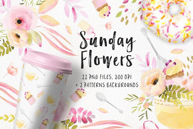 清新淡雅的水彩花卉插画素材 Sunday’s Flowers