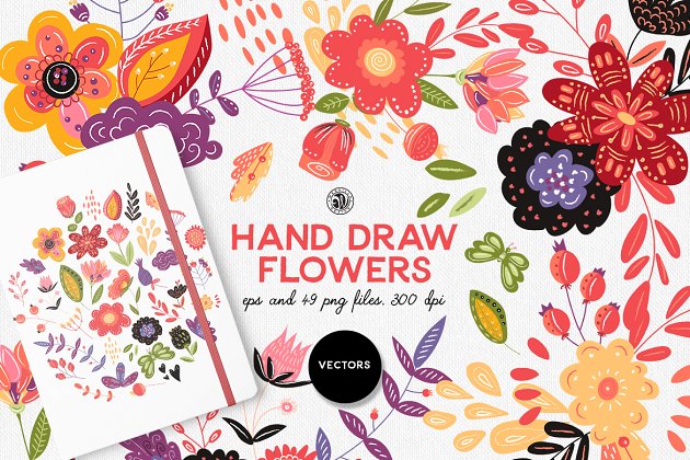 热情的手绘花卉素材包 Hand Draw Flowers