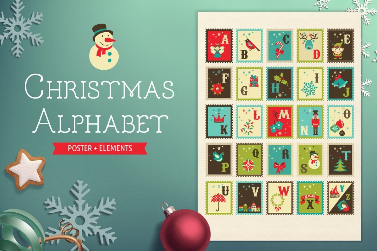 创意圣诞节元素插画 Christmas Alphabet Poster & elements