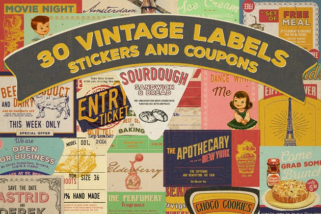 30个经典的标签图形素材 30 Vintage Labels & Stickers