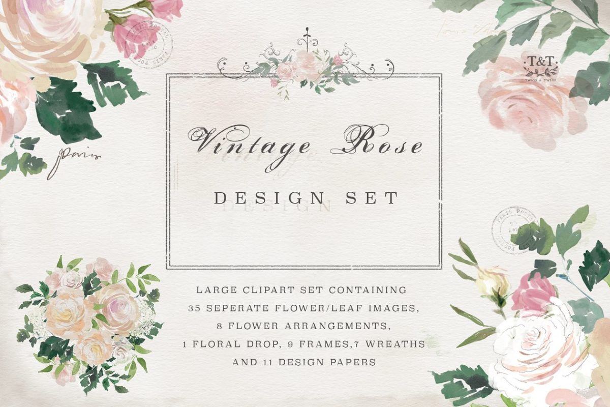 经典的玫瑰花图形 Vintage Rose – Flower Clipart Set