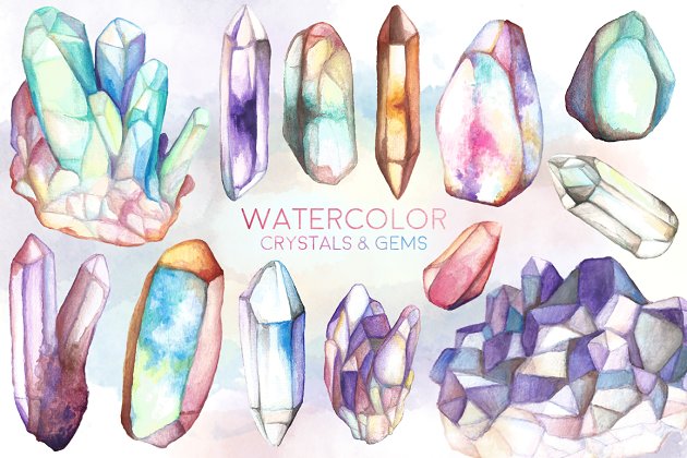 水彩水晶和宝石素材套装 Watercolor Crystals & Gems Bundle