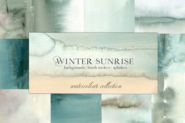 冬季水彩水洗效果背景纹理素材 Winter Sunrise Watercolor Washes
