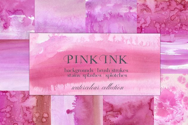 粉红水彩渲染背景纹理素材 Pink Ink Watercolor Washes Splotches