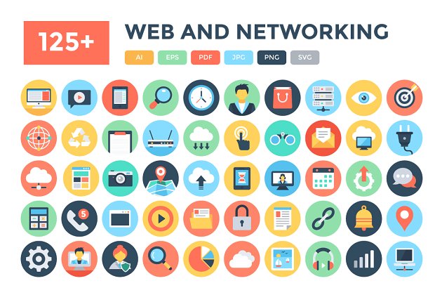 125+平板网络和网络图标 125+ Flat Web and Networking Icons