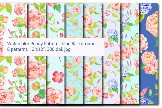 桃牡丹绣球花蓝色图案 Peach Peony Hydrangea Blue Pattern